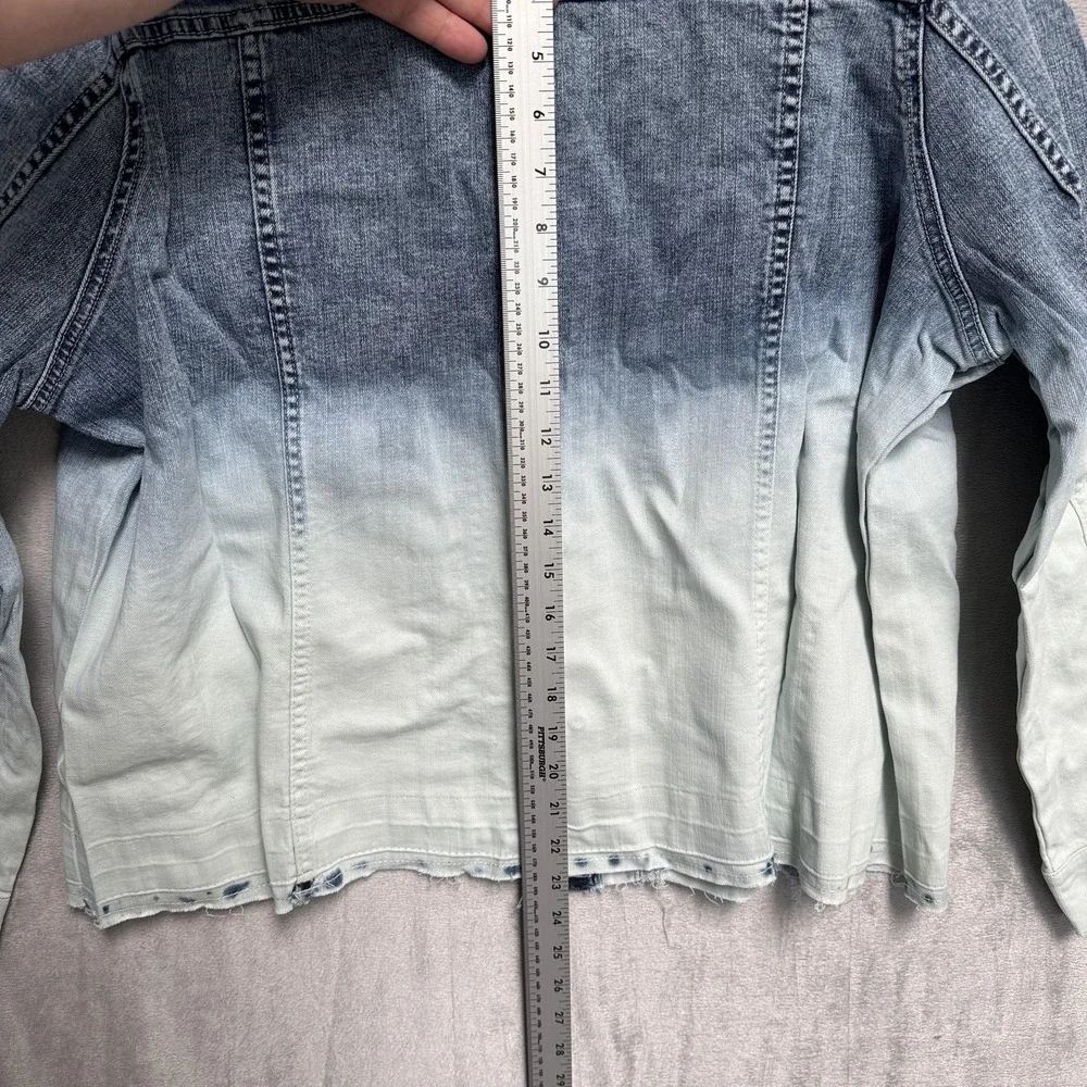 Laurie Felt Jacket‎ Womens 1X Blue Ombre Denim Button Front Raw Hem Stretch Plus